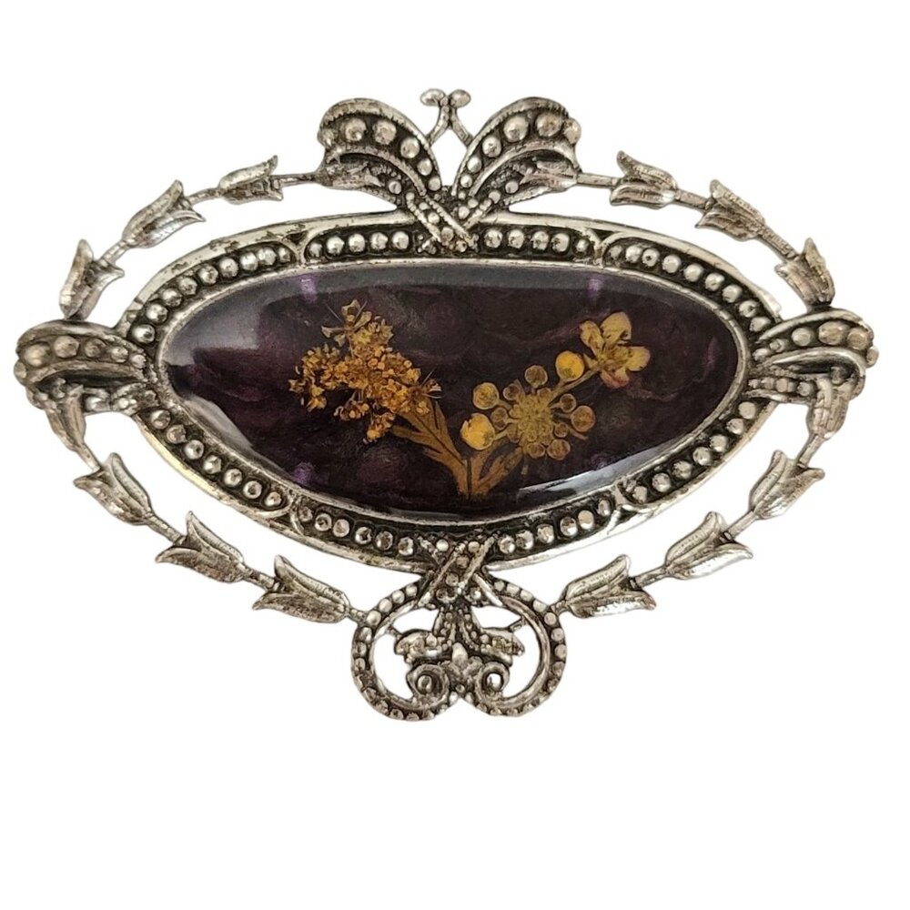 Silver Tone Dried Flower Resin Trombone Clasp Brooch, M487